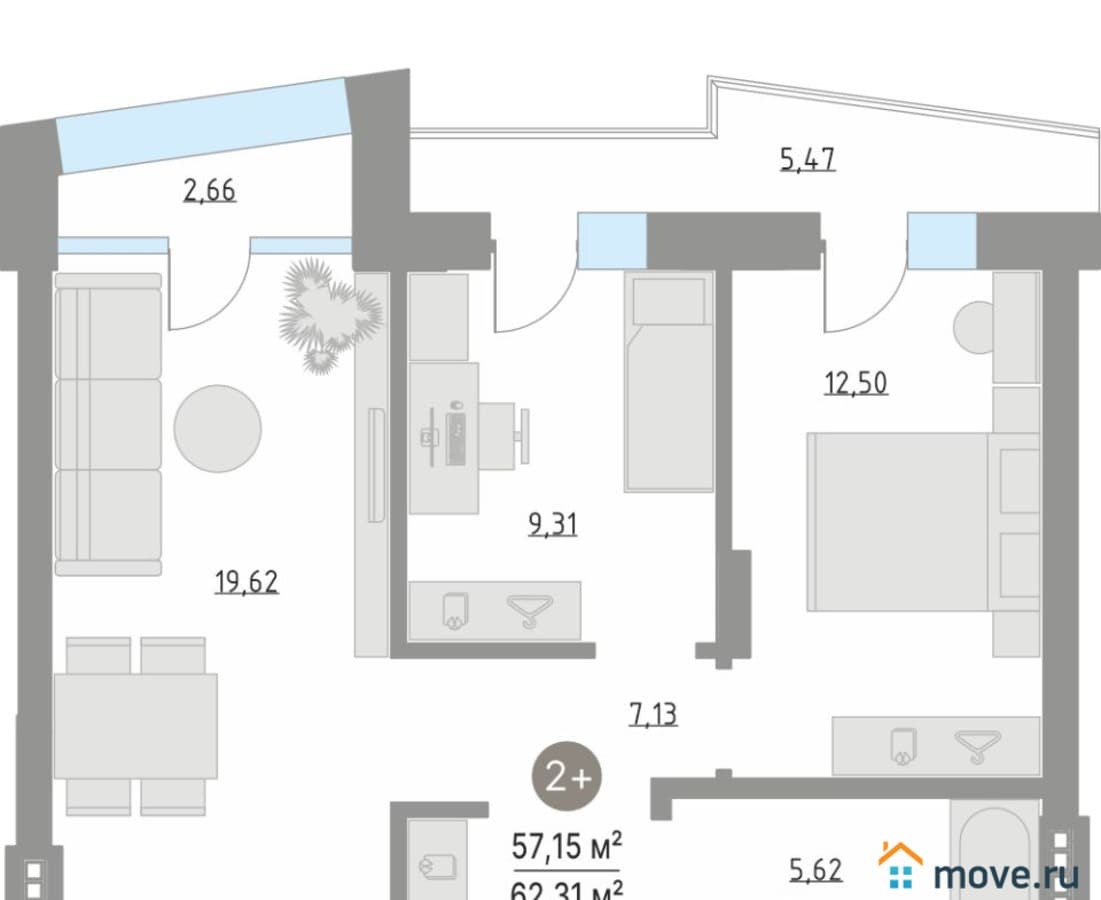 2-комн. квартира, 62.31 м²