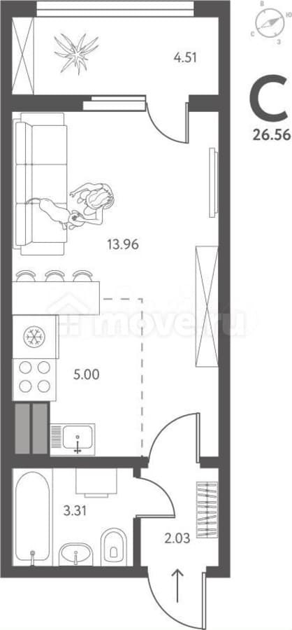 студия, 26.6 м²